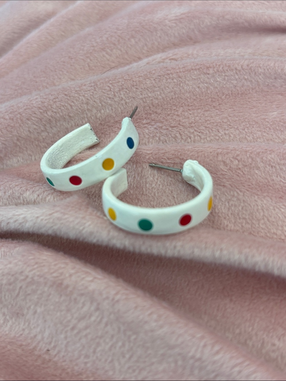 Vintage White Hoop Earrings with Colorful Polka Dots